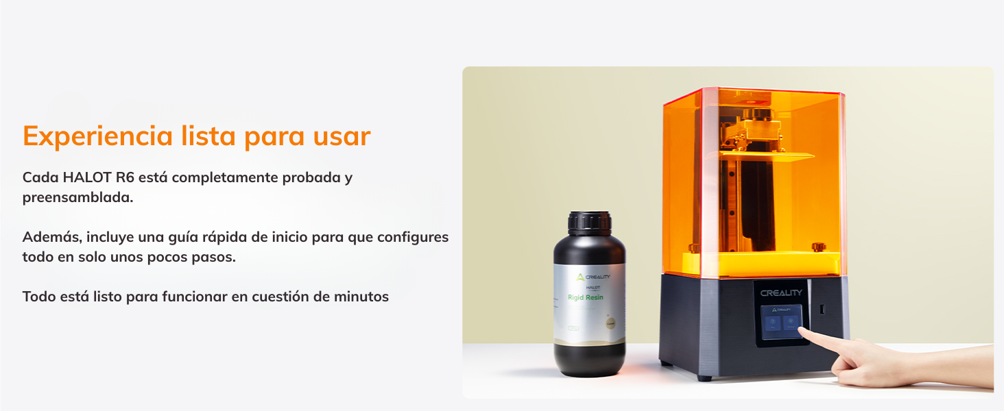 El secreto de la Halot R6 reside en su excepcional precisión, lograda mediante una potente y uniforme fuente de luz 405 nm y un robusto sistema mecánico. El eje Z con tuerca antivuelco y guía lineal garantiza una estabilidad absoluta durante todo el proceso de impresión, capa tras capa. Con un volumen de impresión de 130,56 x 82,62 x 160 mm, está optimizada para crear piezas pequeñas pero increíblemente detalladas, ideal para prototipos de joyería, miniaturas o componentes técnicos donde cada detalle es crítico.